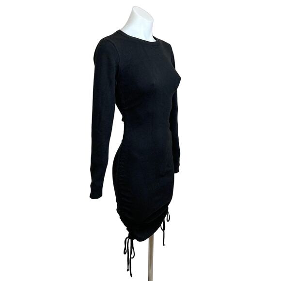Lioness Black Ruched Drawstring Bodycon Stretch Knit Long Sleeve Mini Dress Sz S - Picture 7 of 13